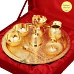 Professional Handicrafts 24-Karat Gold Plated Brass Puja Thali Set 8 Pieces for Mandir Room