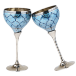Professional Handicrafts Brass Wine Glasses, Metal Goblet, Champagne Flutes, Diwali, Wedding Anniversary Gift for Couple Marriage, Corporate Clients - Set of 2, Blue Saucer Design